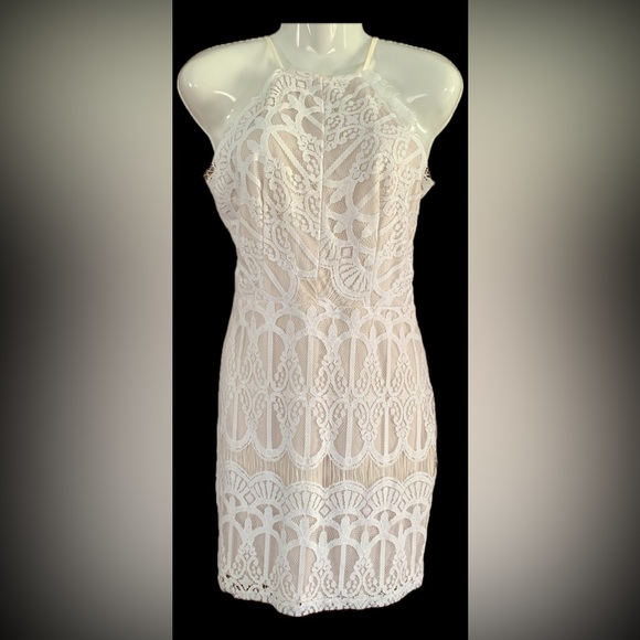 Tobi Dresses & Skirts - Tobi lace overlay beige with white lace dress with fringed trim Women’s Medium M